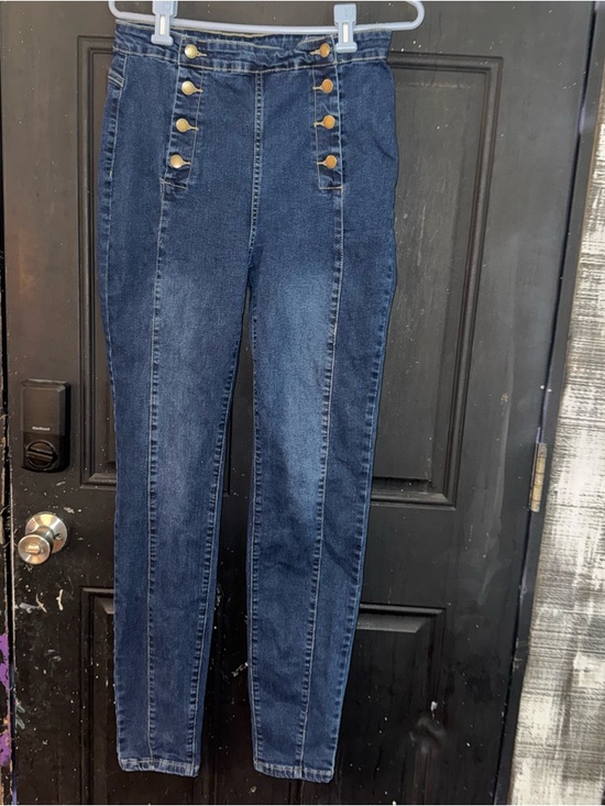 SHEIN Denim - SHEIN Dark Blue High-Rise Jeans with Gold Buttons
